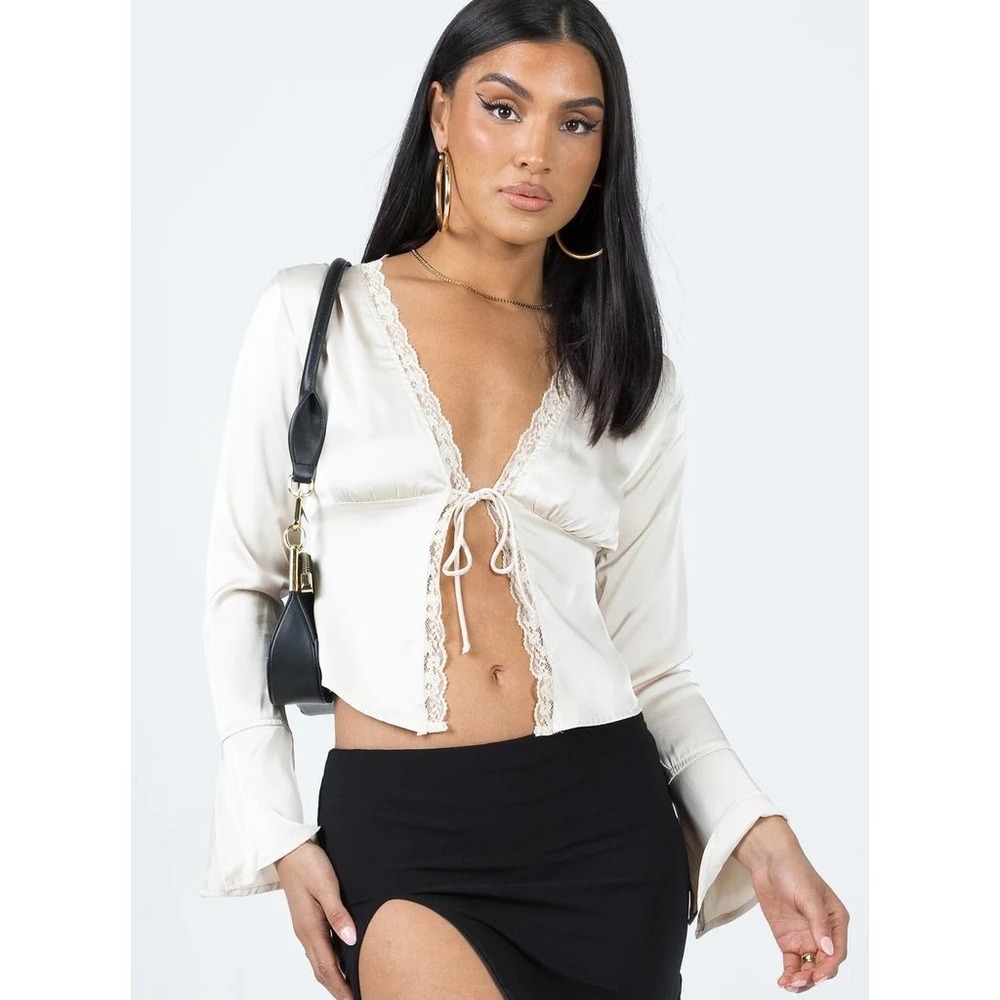 Princess Polly Hunton Long Sleeve Top Cream Satin Lace Trim Tie Front Blouse